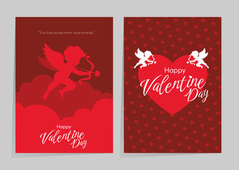 Romantic Valentine greeting featuring red heart, cupid silhouette, clouds, playful love accents.