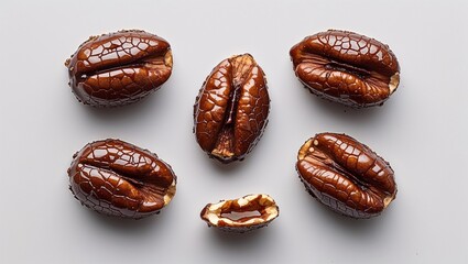 Crunchy coated nut candy with glossy shell crackled surface and crisp roasted center on plain white background