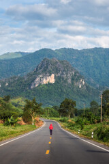 Naklejka premium Person Walking Alone on a Road Toward Mountains