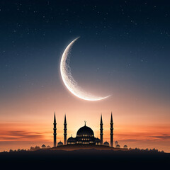 Background with shining crescent moon over mosque domes in the night sky, calm spiritual atmosphere and large space for text, suitable for Ramadan banners