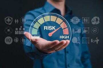 Businessman holding risk management gauge