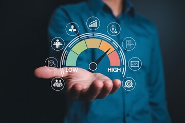 Businessman adjusting performance gauge with icons