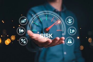 Businessman holding risk gauge with financial icons