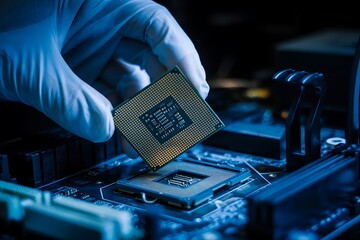 Technician installing cpu in computer