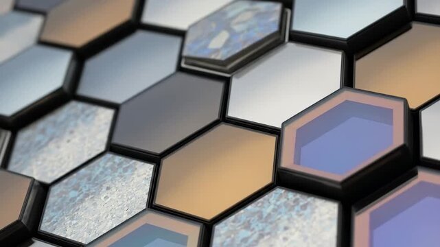 Abstract hexagonal pattern with reflective surfaces in various colors and textures.