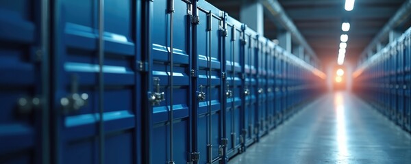Row of blue storage containers create a symmetric pattern. Perspective view shows long corridor in warehouse with cool lighting. Empty space for text.
