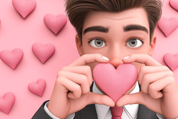 Man holding a pink heart on a pink background with heart shapes and copy space, romantic love concept symbolizing affection, care, emotion and Valentine celebration