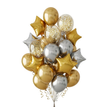 A festive bouquet of gold and silver balloons isolated on transparent background