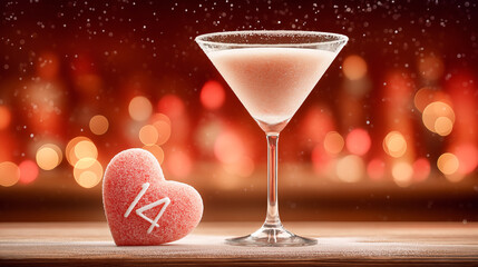 Valentine's Day cocktail glass with copy space decorated with hearts against a backdrop of lights