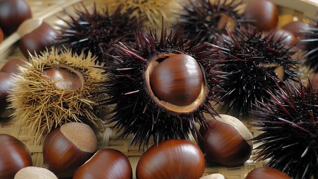 Fresh chestnuts in their prickly burrs and smooth shells close up view