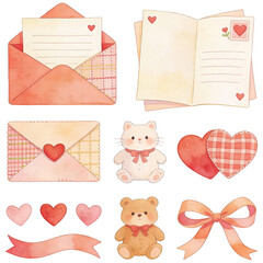 Watercolor Valentine's Day elements with love letters, hearts, teddy bears, a cat, and a bow on display, evoking a sense of sweet romance and affection.