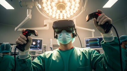 Surgeon doctor wearing virtual reality headset holding controllers for medical surgery simulation
