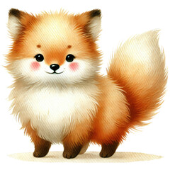 A cute and adorable cartoon fox is depicted with soft, fluffy fur, rosy cheeks, and sparkling eyes. The charming animal exudes friendliness and joy.