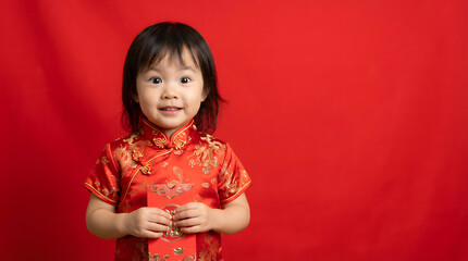 A young girl dressed in a festive Chinese traditional outfit smiles brightly while holding a red envelope against a vibrant red backdrop, capturing the warmth and joy of Lunar New Year celebrations.