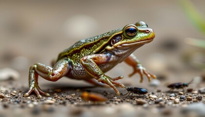 Fototapeta premium The image features a close up of a green frog with prominent black eyes, positioned on a ground surface covered with small pebbles and debris