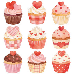 Nine delectable cupcakes adorned with charming heart decorations, embodying sweetness and affection. Perfect for expressing love and joy.
