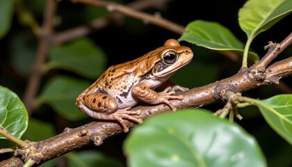 Fototapeta premium The image features a small frog perched on a slender tree branch, surrounded by lush green leaves