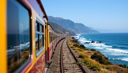 The image depicts a scenic coastal landscape viewed from a train traveling along a curved track