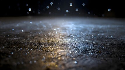 A dark textured wet concrete surface is covered with shimmering golden and blue sparkles under a dark sky