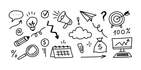 Strategy and Marketing Hand Drawn Icon Set. Business Concept Icons in Doodle Style