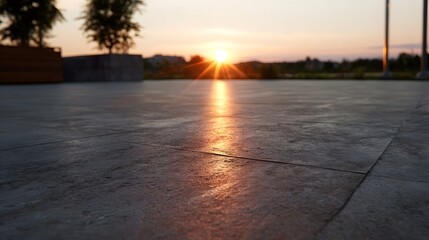 Beautiful golden hour sunset casting vivid warm reflections on a textured grey paved outdoor patio floor serene evening atmosphere