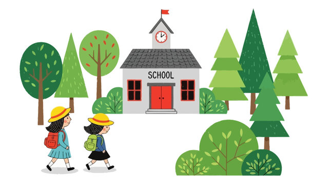 two young schoolgirls walking to school through a park-like setting representing childhood education and the exciting back to school concept.