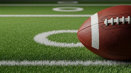 Close-up of an American football on a green football field with white markings