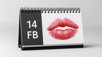 Calendar page showing February 14 highlighted with a red lipstick kiss mark, symbolizing Valentine&rsquo;s Day, love, romance and romantic celebration concept.