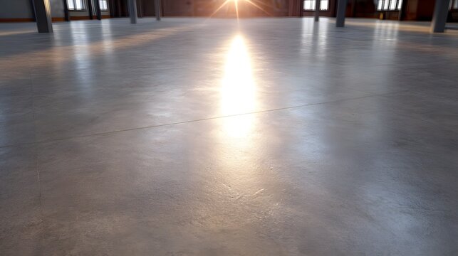 Bright sunlight reflects off a polished concrete floor in a vast empty industrial interior