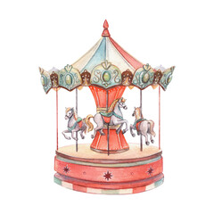 Festive vintage carousel with horses, painted in soft red and green tones. Hand painted watercolor illustration on white background for holiday decor, retro posters, greeting cards © Evgeniya Platonova