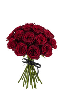 Large bouquet of black baccara roses tied with ribbon PNG. Bunch of deep burgundy flowers. Dark red luxury floral gift for valentine or anniversary isolated
