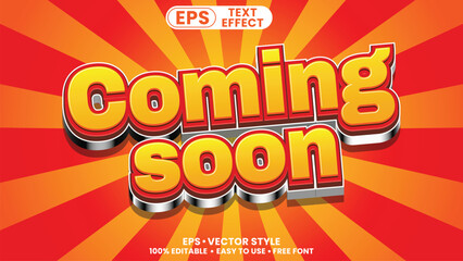 Coming Soon 3D editable Text Effect Vector Template with Vibrant Orange and Red Sunburst Background for Marketing Announcements.
