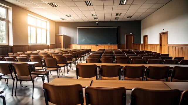Empty classroom with rows of wooden chairs and desks bathed in sunlight.