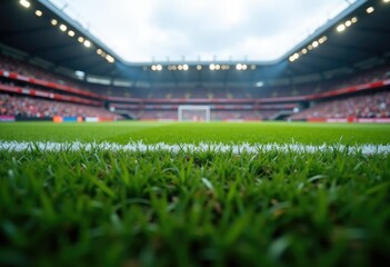 football arena with green grass field and blurred fans at playground view. Concept of outdoot sport, football, championship, match, game space