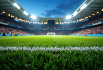 football arena with green grass field and blurred fans at playground view. Concept of outdoot sport, football, championship, match, game space