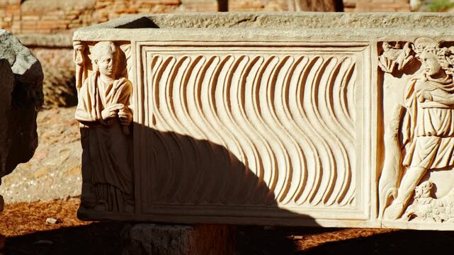Roman marble sarcophagus at Ostia Antica, the old port of Rome, Lazio, Italy, dating back to the 7th century BC