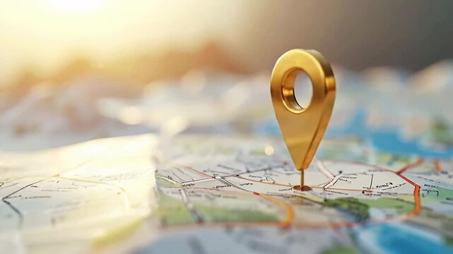 Golden location pointer on the map indicating a specific destination with a blurred background.