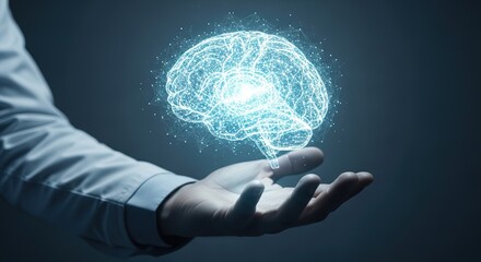 A hand holding a glowing brain symbolizing intelligence and innovation