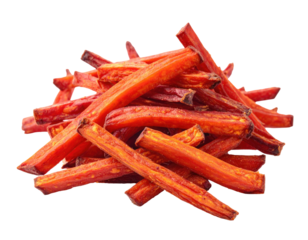 Close-up of a pile of vibrant, cooked vegetable sticks against a solid black background