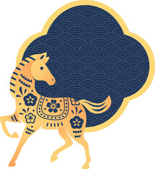 2026 Year of the Horse Golden Zodiac with Cloud and Wave Patterns