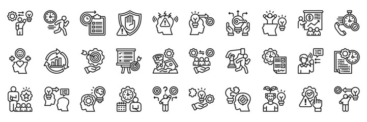Proactive icon collection line style. Containing Taking Initiative, Early Action, Future Planning, Problem Prevention, Risk Awareness, Thinking