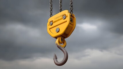 A yellow crane hook hangs suspended against a dark cloudy sky conveying a sense of industrial power and potential