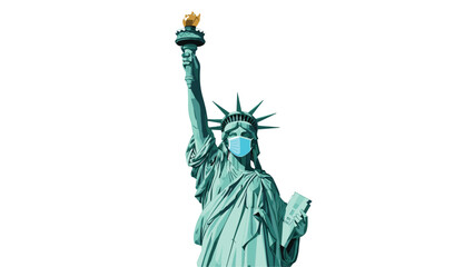 Statue of Liberty wearing medical face mask symbolizing global impact of pandemic on freedom and travel industries worldwide today.
