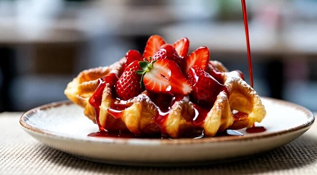 Liege Waffle with Caramel Drizzle, Fresh Strawberry and Mint Garnish Close-Up