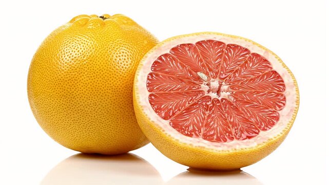 Fresh Pink Grapefruit Still Life: Close-Up of Citrus Fruit with Sliced Half on White