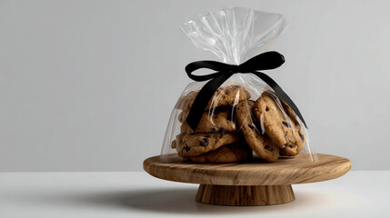 Photo of a transparent plastic bag with cookies tied by a black ribbon on a wooden stand, against a white background