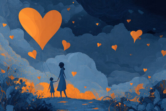 Mom and Child Holding Hands Beneath an Orange Heart Balloon in a Dreamy Sky of Floating Hearts - Love Concept Illustration