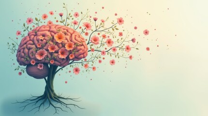 Human brain with flowers, tree, self care and mental health concept, positive thinking, creative mind, healthy slow life. Well Being, wellness mind banner template for landing page