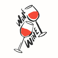 Two Glasses with red wine. Hand drawn Vector illustration. Retro, vintage minimal style. Poster, print, home decoration, menu for wine bar, invitation, design template. Wine tasting, party concept