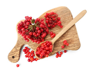 Wooden board and spoon with fresh viburnum berries on white background